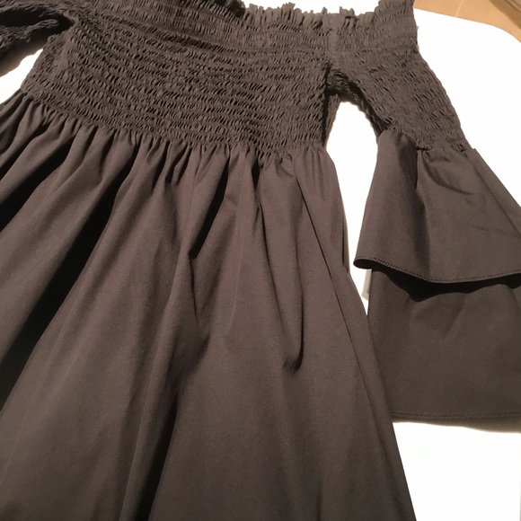 Caroline Constas Layered Bell Sleeve Smocked Off Shoulder Mini Dress in BLACK - Picture 5 of 9